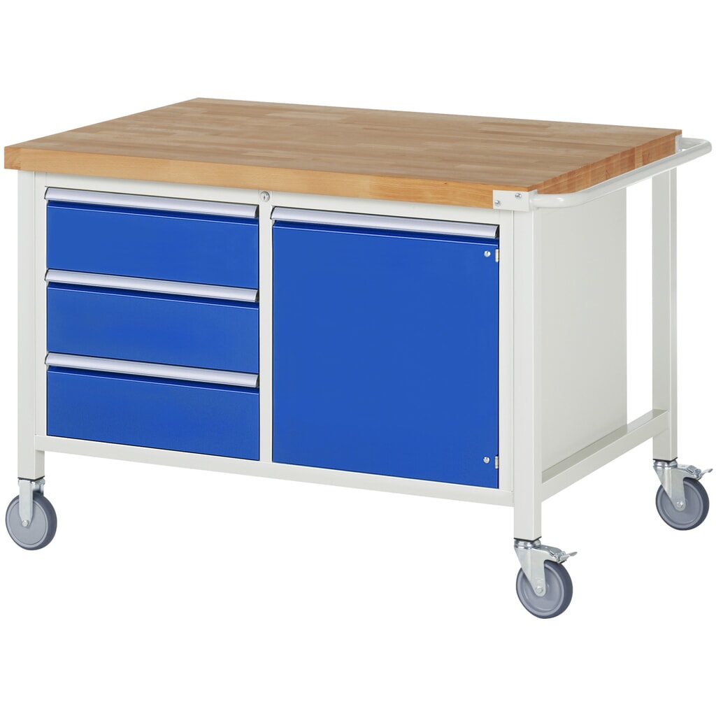 Illustration du produit: RAU Établi mobile série 8000, HxlxP 880 x 1 250 x 900 mm, 1 double caisson sous plateau, avec 3 tiroirs et 1 porte battante