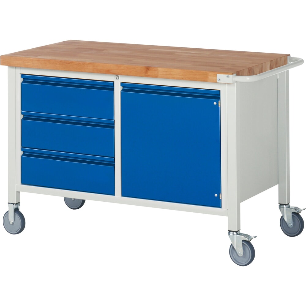 Illustration du produit: RAU Établi mobile série 8000, 1 caisson double, 1 tablette, 1 porte battante, HxlxP 880 x 1 250 x 700 mm, 3 tiroirs 3 x 180 mm