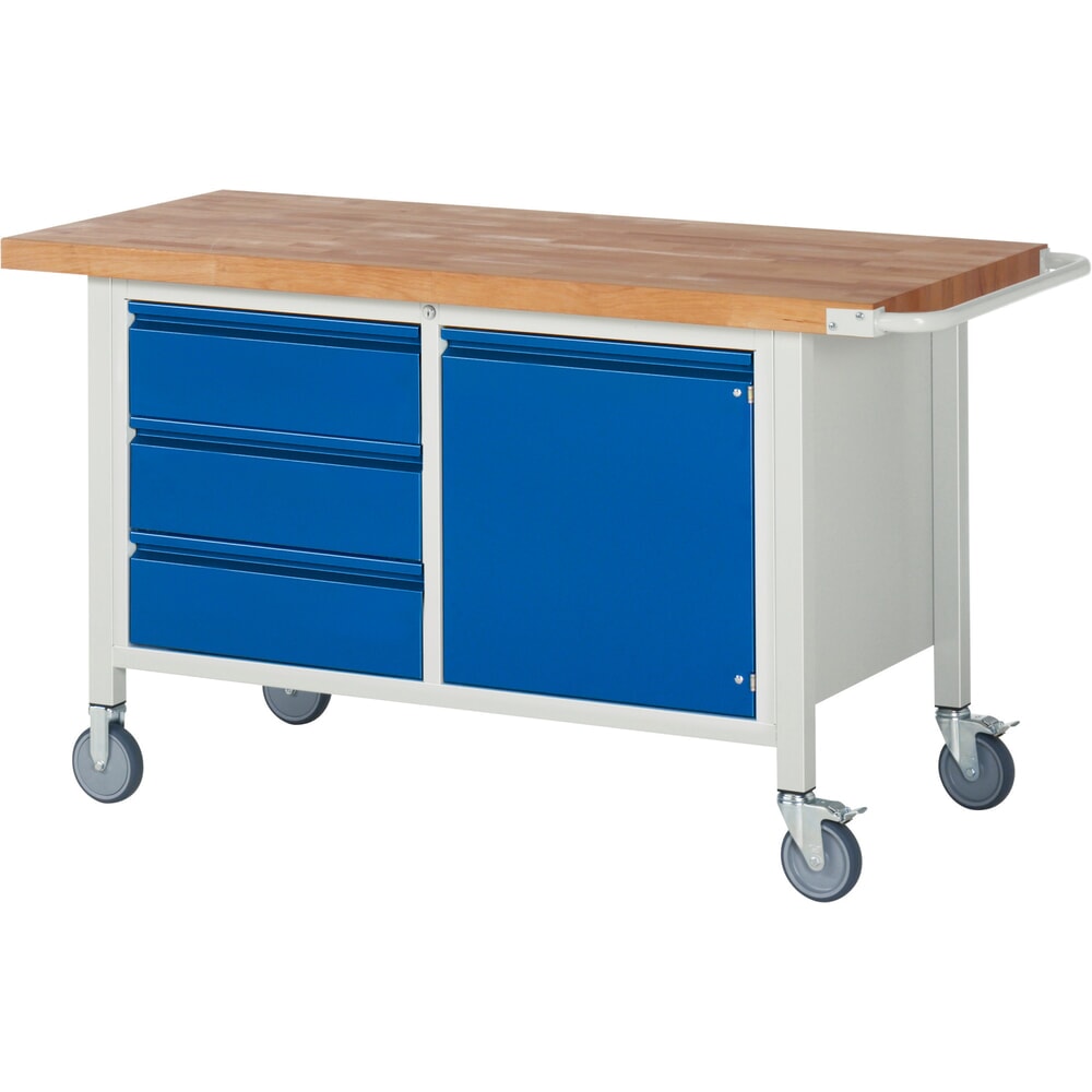 Illustration du produit: RAU Établi mobile série 8000, 1 caisson double, 1 tablette, 1 porte battante, HxlxP 880 x 1 500 x 700 mm, 3 tiroirs 3 x 180 mm