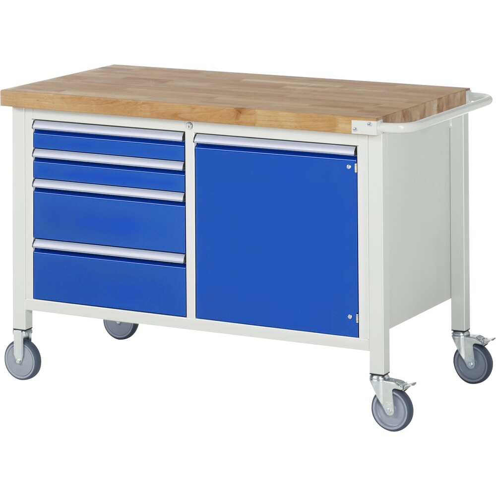 N° de l'image du produit 1 : RAU Établi mobile série 8000, 1 caisson double, 1 tablette, 1 porte battante, HxlxP 880-1 080 x 1 250 x 700 mm, 4 tiroirs extractibles à 90 %