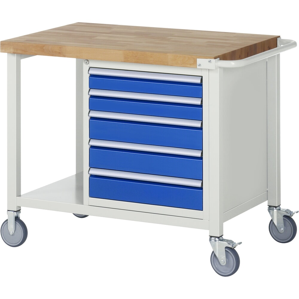 Illustration du produit: RAU Établi mobile série 8000, 1 tablette, HxlxP 880-1 080 x 1 000 x 700 mm, 5 tiroirs extractibles à 100 %, capacité de charge des tiroirs 100 kg