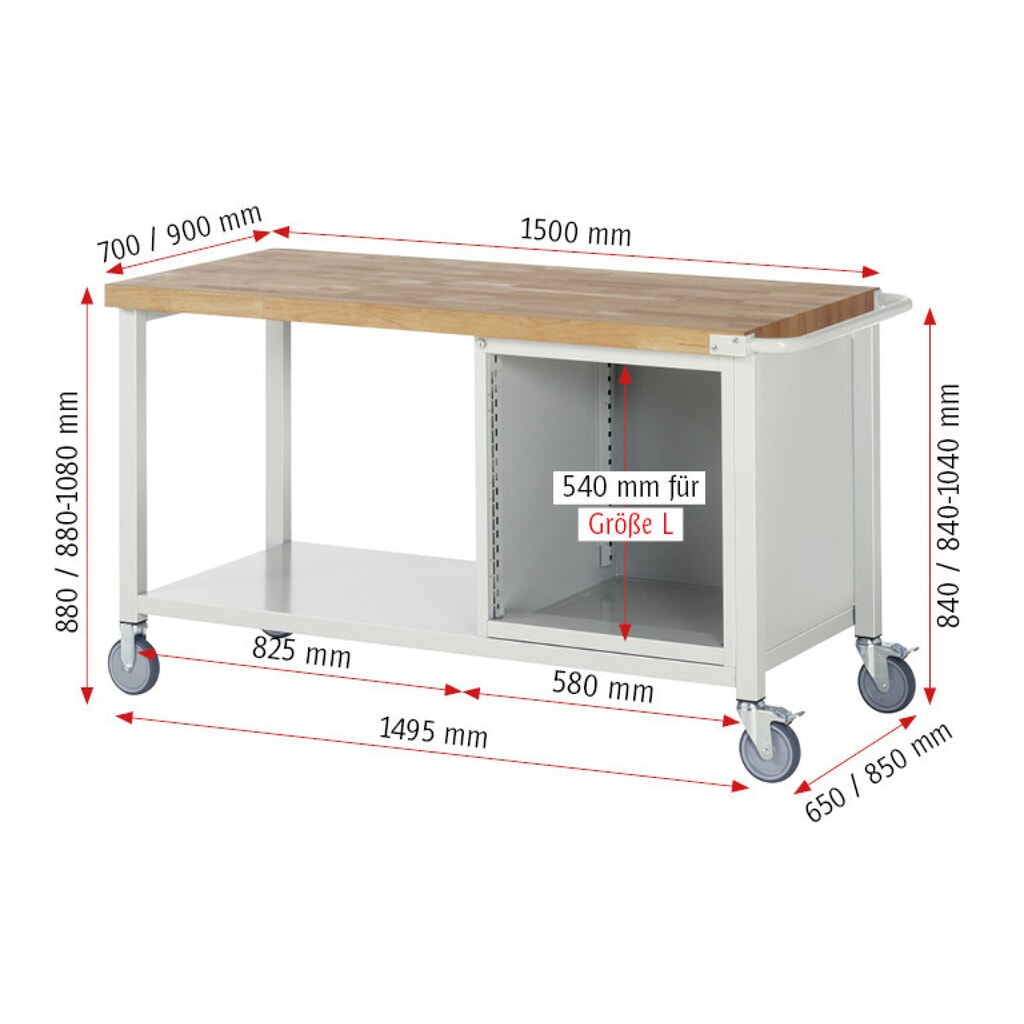 N° de l'image du produit 6 : RAU Établi mobile série 8000, 1 tablette, HxlxP 880 x 1 500 x 700 mm, 4 tiroirs extractibles à 100 %, capacité de charge des tiroirs 100 kg