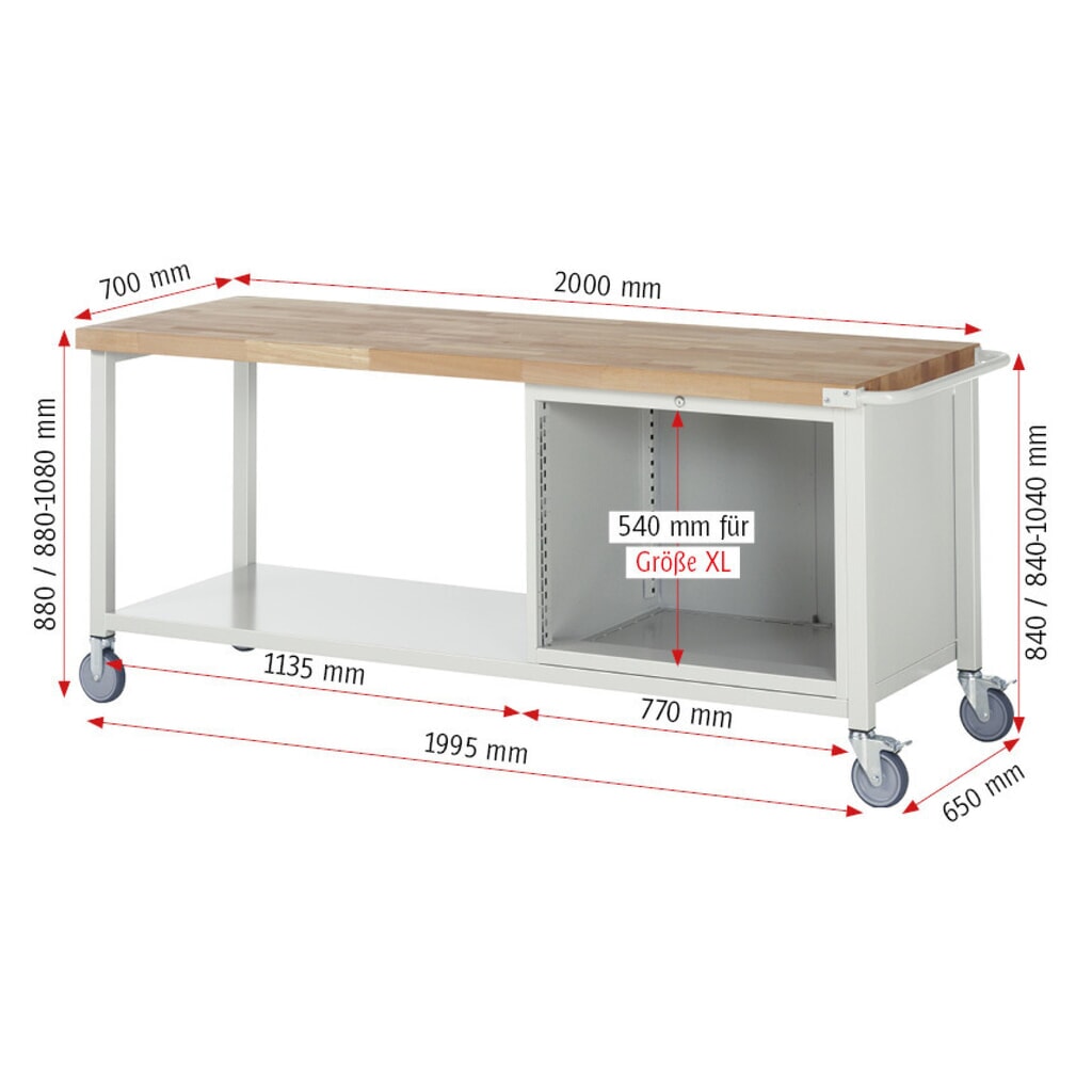 N° de l'image du produit 7 : RAU Établi mobile série 8000, 1 tablette, HxlxP 880-1 080 x 2 000 x 700 mm, 5 tiroirs extractibles à 90 %, capacité de charge des tiroirs 75 kg