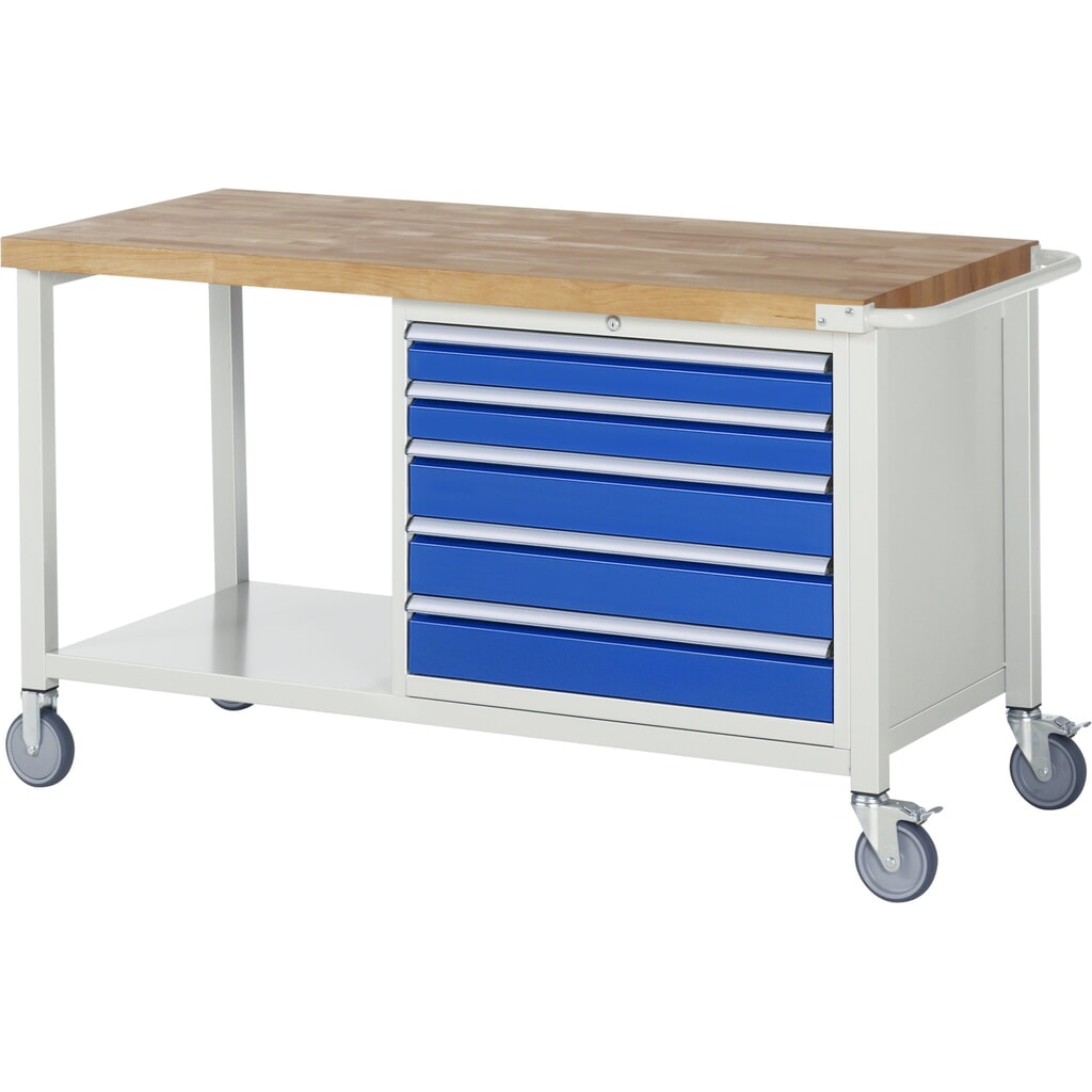N° de l'image du produit 1 : RAU Établi mobile série 8000, 1 tablette, HxlxP 880-1 080 x 1 500 x 700 mm, 5 tiroirs extractibles à 90 %, capacité de charge des tiroirs 75 kg