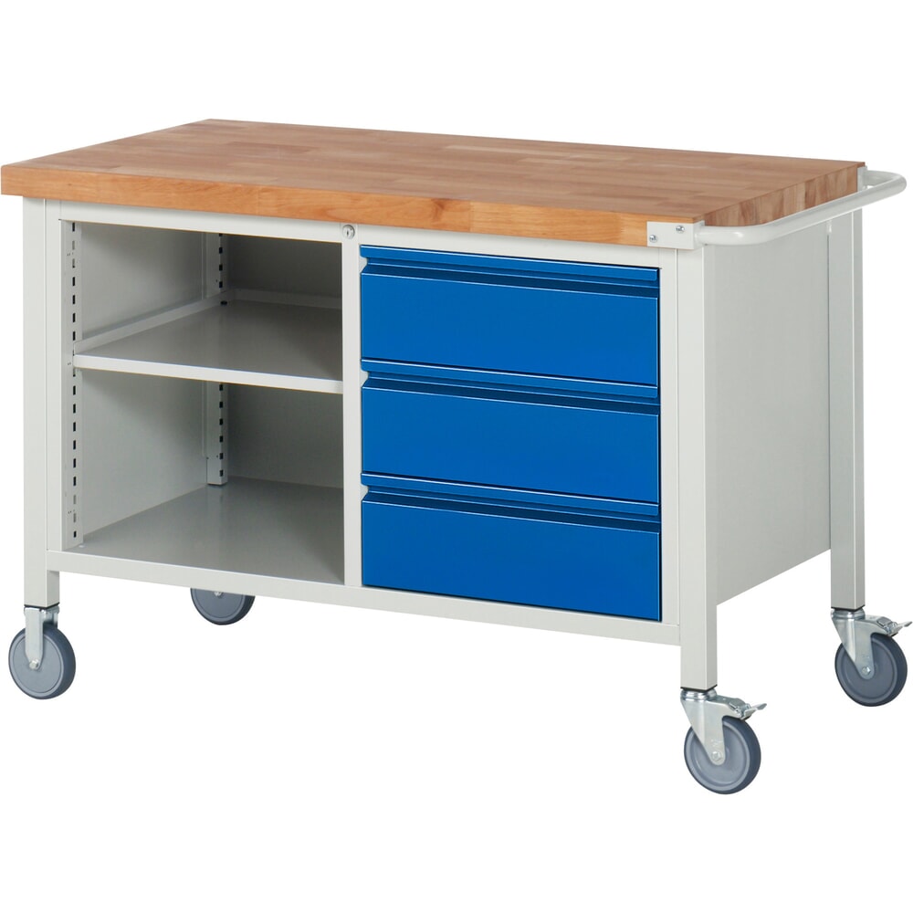 Illustration du produit: RAU Établi mobile série 8000, 1 caisson double, 1 tablette, HxlxP 880 x 1 250 x 700 mm, 3 tiroirs 3 x 180 mm