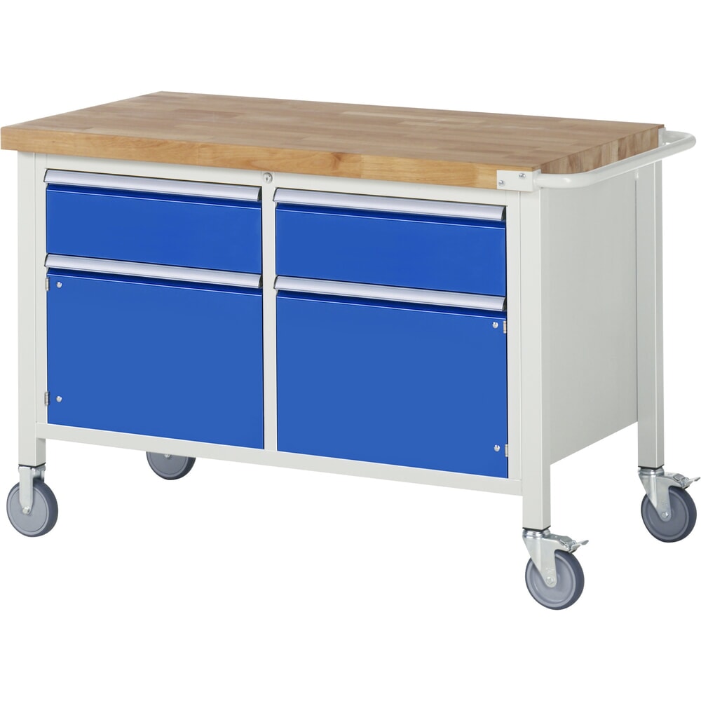 N° de l'image du produit 1 : RAU Établi mobile série 8000, 1 caisson double, 2 portes battantes, HxlxP 880-1 080 x 1 250 x 700 mm, 2 tiroirs extractibles à 90 %