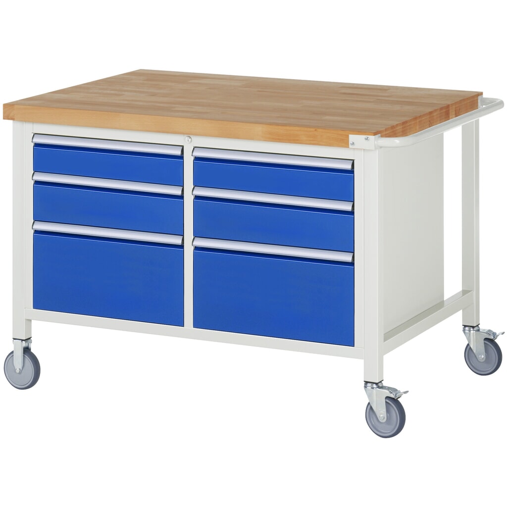 Illustration du produit: RAU Établi mobile série 8000, HxlxP 880 x 1 250 x 900 mm, 1 double caisson sous plateau, avec 6 tiroirs