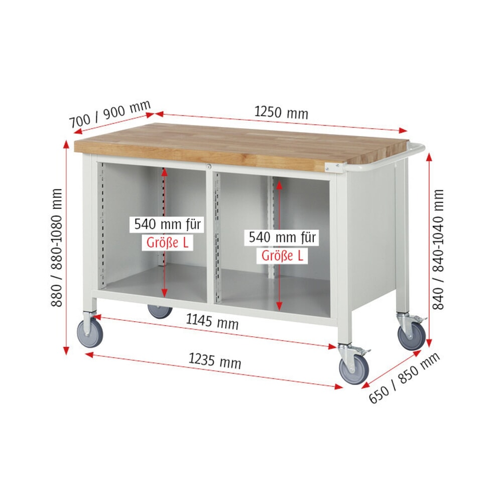 N° de l'image du produit 8 : RAU Établi mobile série 8000, 1 caisson double, 1 tablette, 1 porte battante, HxlxP 880-1 080 x 1 250 x 700 mm, 4 tiroirs extractibles à 90 %