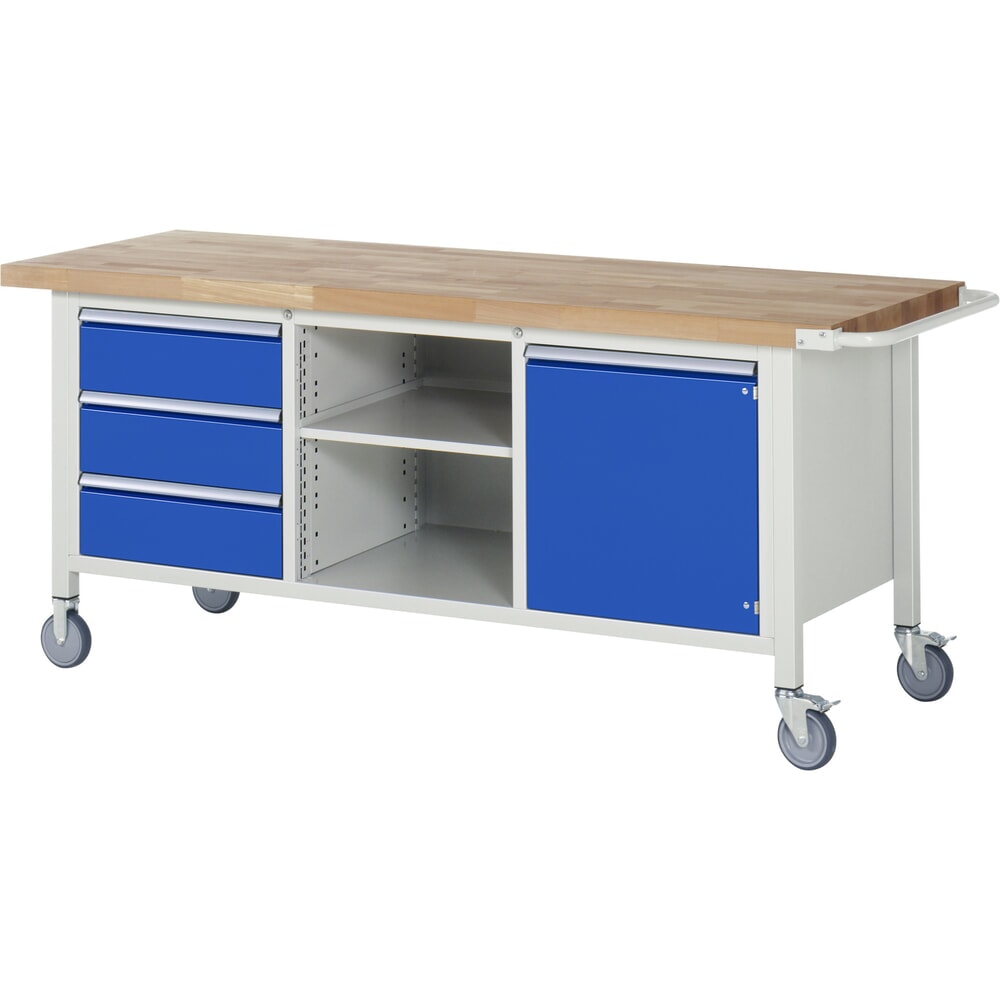 Illustration du produit: RAU Établi mobile série 8000, 1 triple caisson, 1 tablette, 1 porte battante, HxlxP 880-1 080 x 2 000 x 700 mm, 3 tiroirs extractibles à 90 %