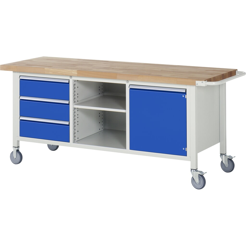 N° de l'image du produit 1 : RAU Établi mobile série 8000, 1 triple caisson, 1 tablette, 1 porte battante, HxlxP 880-1 080 x 2 000 x 700 mm, 3 tiroirs extractibles à 90 %