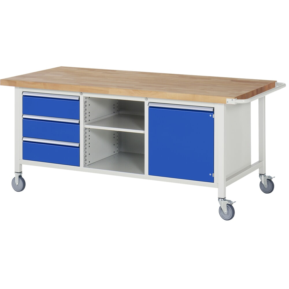 N° de l'image du produit 1 : RAU Établi mobile série 8000, HxlxP 880 x 2 000 x 900 mm, 1 triple caisson sous plateau, avec 3 tiroirs et 1 porte battante