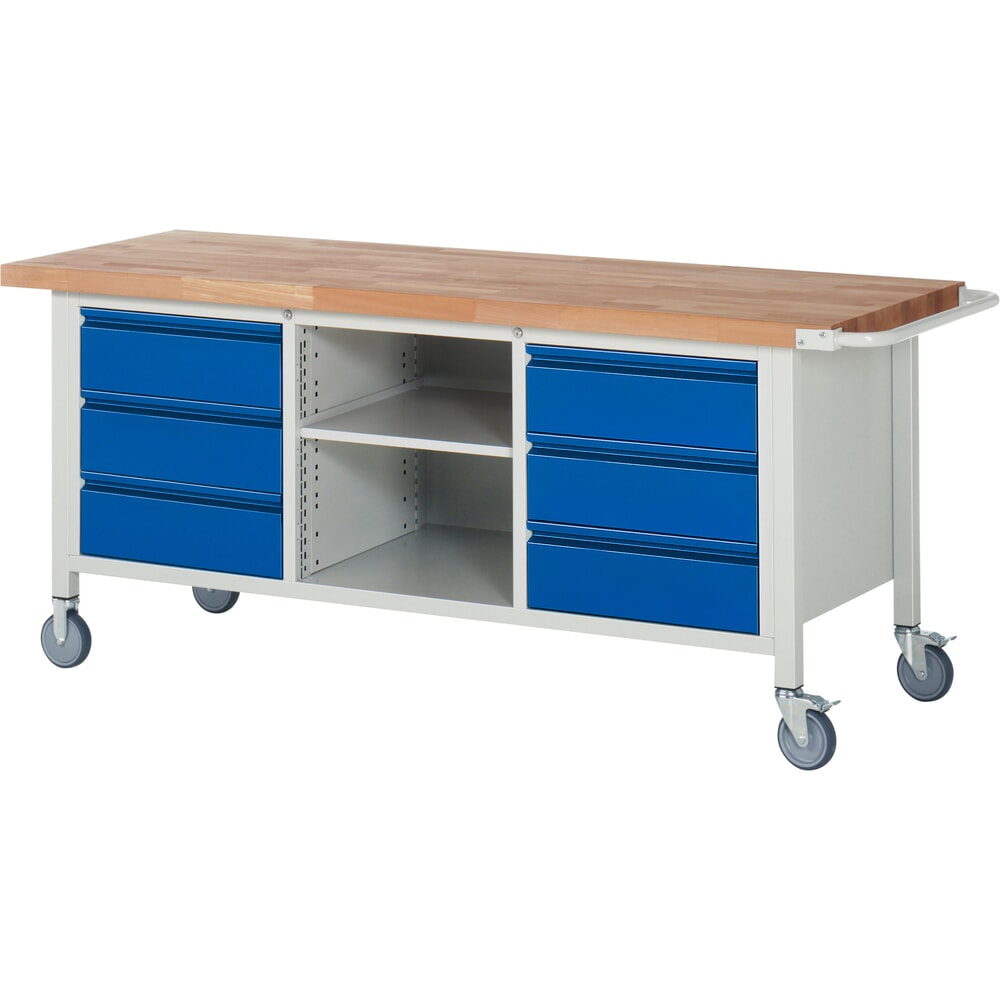 Illustration du produit: RAU Établi mobile série 8000, 1 caisson triple, 1 tablette, HxlxP 880 x 2 000 x 700 mm, 6 tiroirs 6 x 180 mm