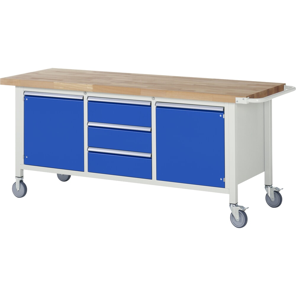 Illustration du produit: RAU Établi mobile série 8000, 1 triple caisson, 2 tablettes, 2 portes battantes, HxlxP 880-1 080 x 2 000 x 700 mm, 3 tiroirs extractibles à 90 %