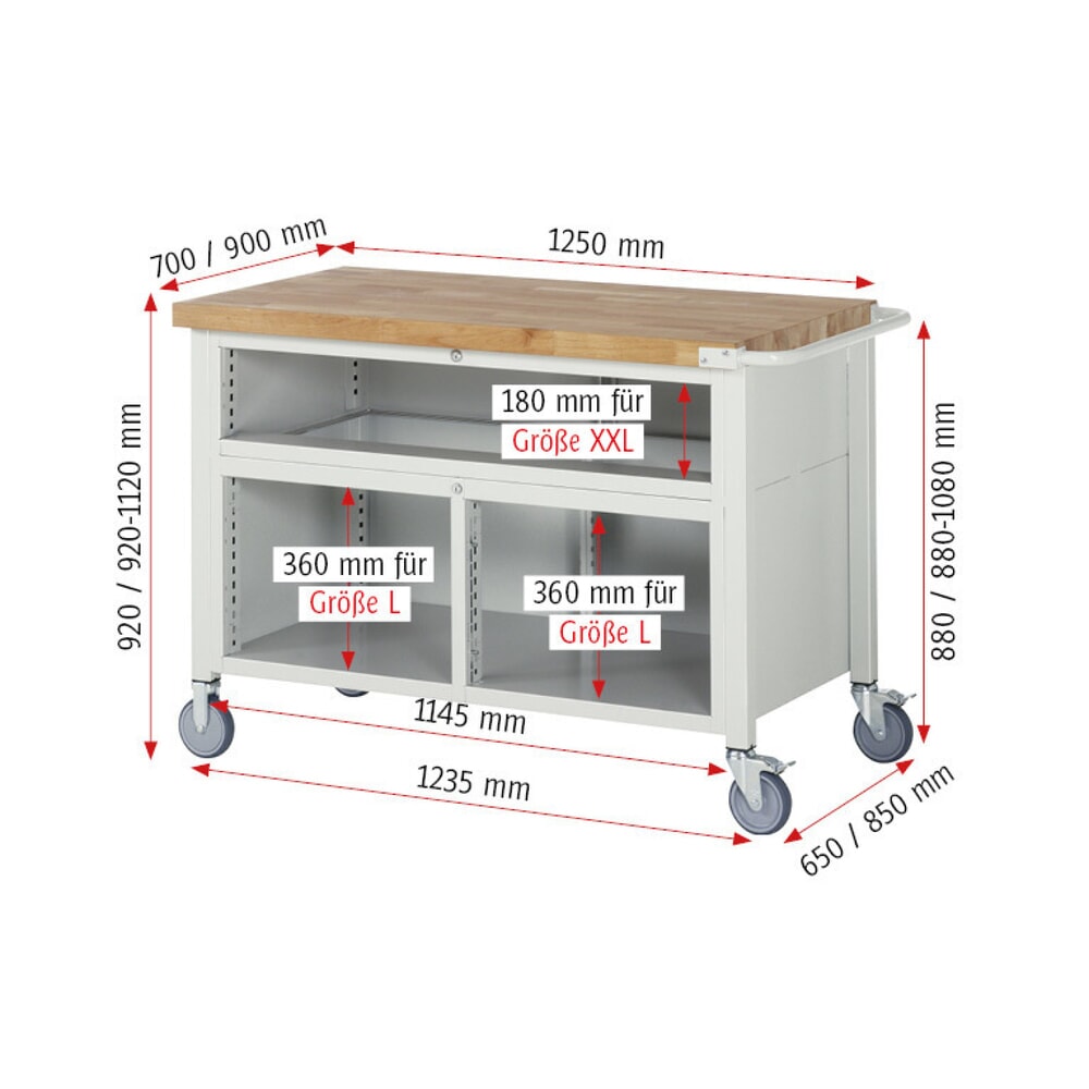 N° de l'image du produit 8 : RAU Établi mobile série 8000, 1 triple caisson, 1 porte battante, HxlxP 920-1 120 x 1 250 x 700 mm, 5 tiroirs extractibles à 90 %