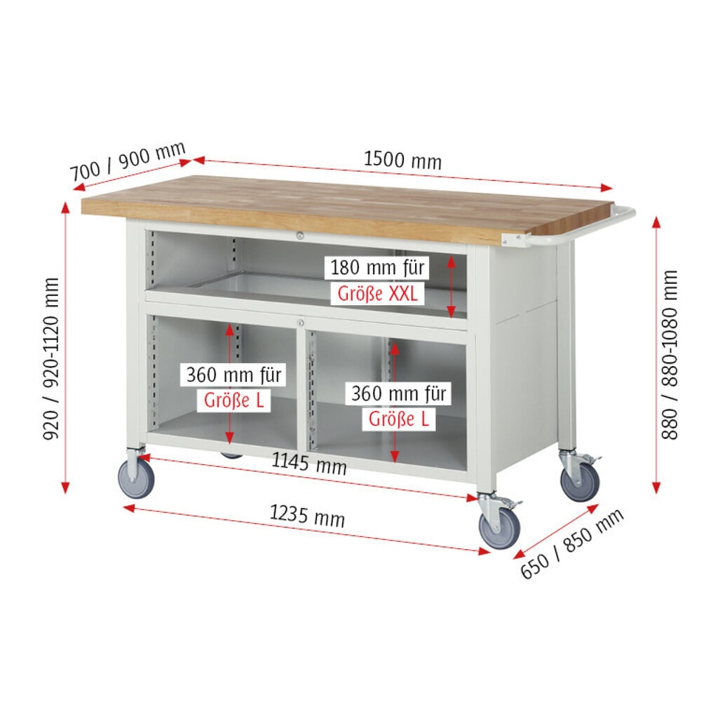 N° de l'image du produit 7 : RAU Établi mobile série 8000, 1 caisson triple, 1 porte battante, HxlxP 920 x 1 500 x 900 mm, 5 tiroirs