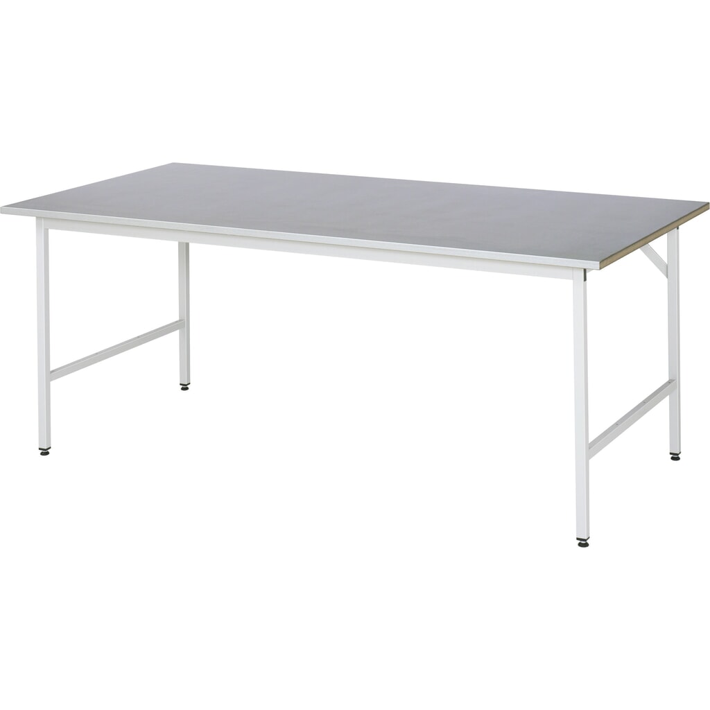RAU Établi réglable en hauteur série JERRY, HxlxP 800-850 x 2 500 x 1 000 mm, Plan de travail avec revêtement en tôle d'acier inoxydable Illustration du produit: RAU Établi réglable en hauteur série JERRY, HxlxP 800-850 x 2 500 x 1 000 mm, Plan de travail avec revêtement en tôle d'acier inoxydable