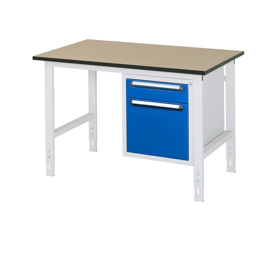 RAU Table de travail réglable en hauteur Série TOM, HxlxP 760-1 080 x 1 250 x 800 mm, 2 tiroirs, plan de travail en MDF Illustration du produit: RAU Table de travail réglable en hauteur Série TOM, HxlxP 760-1 080 x 1 250 x 800 mm, 2 tiroirs, plan de travail en MDF