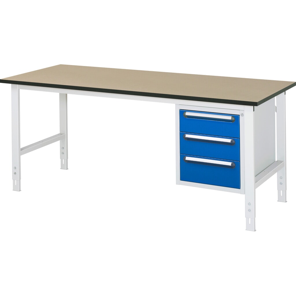 RAU Table de travail réglable en hauteur Série TOM, HxlxP 760-1 080 x 2 500 x 800 mm, 3 tiroirs, plan de travail en MDF Illustration du produit: RAU Table de travail réglable en hauteur Série TOM, HxlxP 760-1 080 x 2 500 x 800 mm, 3 tiroirs, plan de travail en MDF