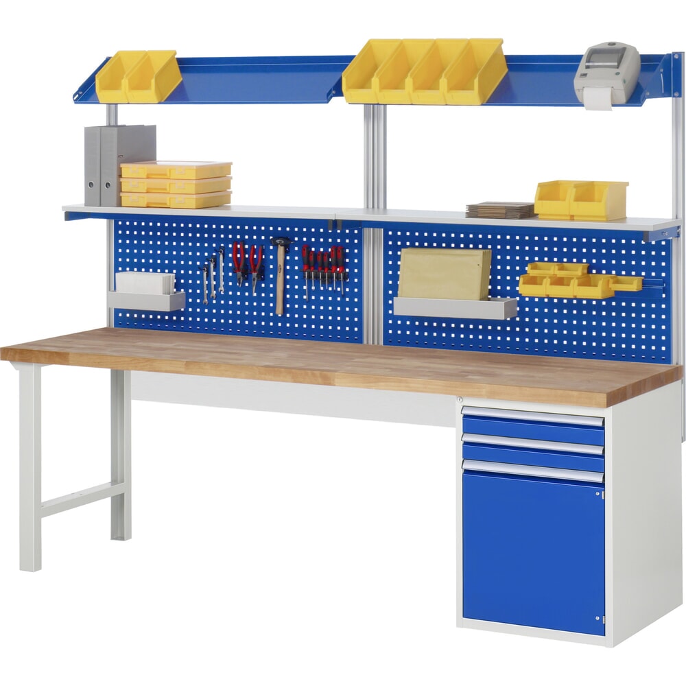 N° de l'image du produit 6 : RAU Établi série 7000, 2 caissons, HxlxP 840 x 2 500 x 700 mm, 4 tiroirs extractible à 90 %, 1 tablette, 2 portes battantes