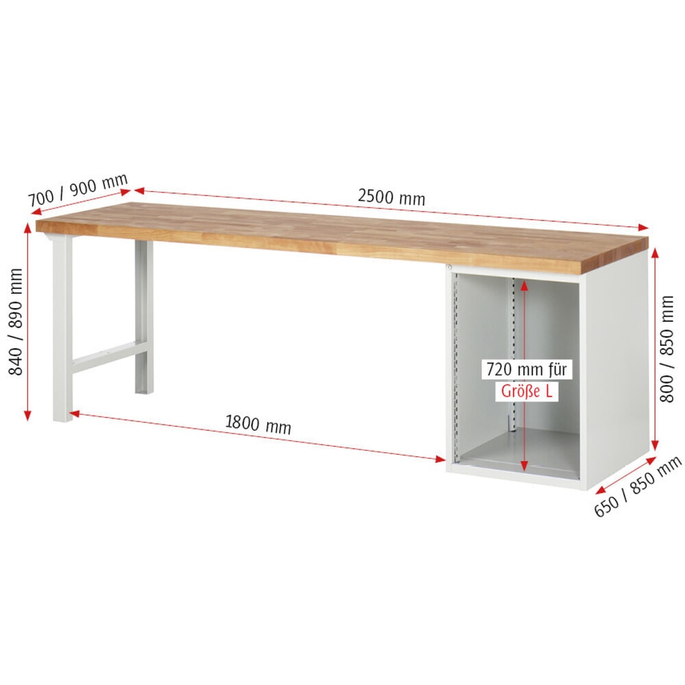 N° de l'image du produit 6 : RAU Établi série 7000, 1 caisson, HxlxP 840 x 2 500 x 900 mm, 1 porte battante, 1 tablette