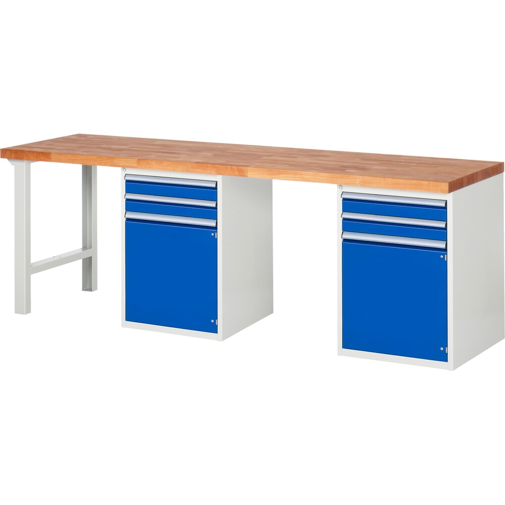N° de l'image du produit 1 : RAU Établi série 7000, 2 caissons, HxlxP 840 x 2 500 x 700 mm, 4 tiroirs extractible à 90 %, 1 tablette, 2 portes battantes