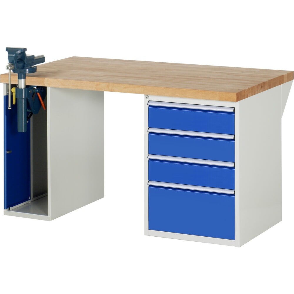 Illustration du produit: RAU Établi série 7000, HxlxP 890 x 1 500 x 900 mm, 1 caisson sous plateau, avec 4 tiroirs et un étau escamotable