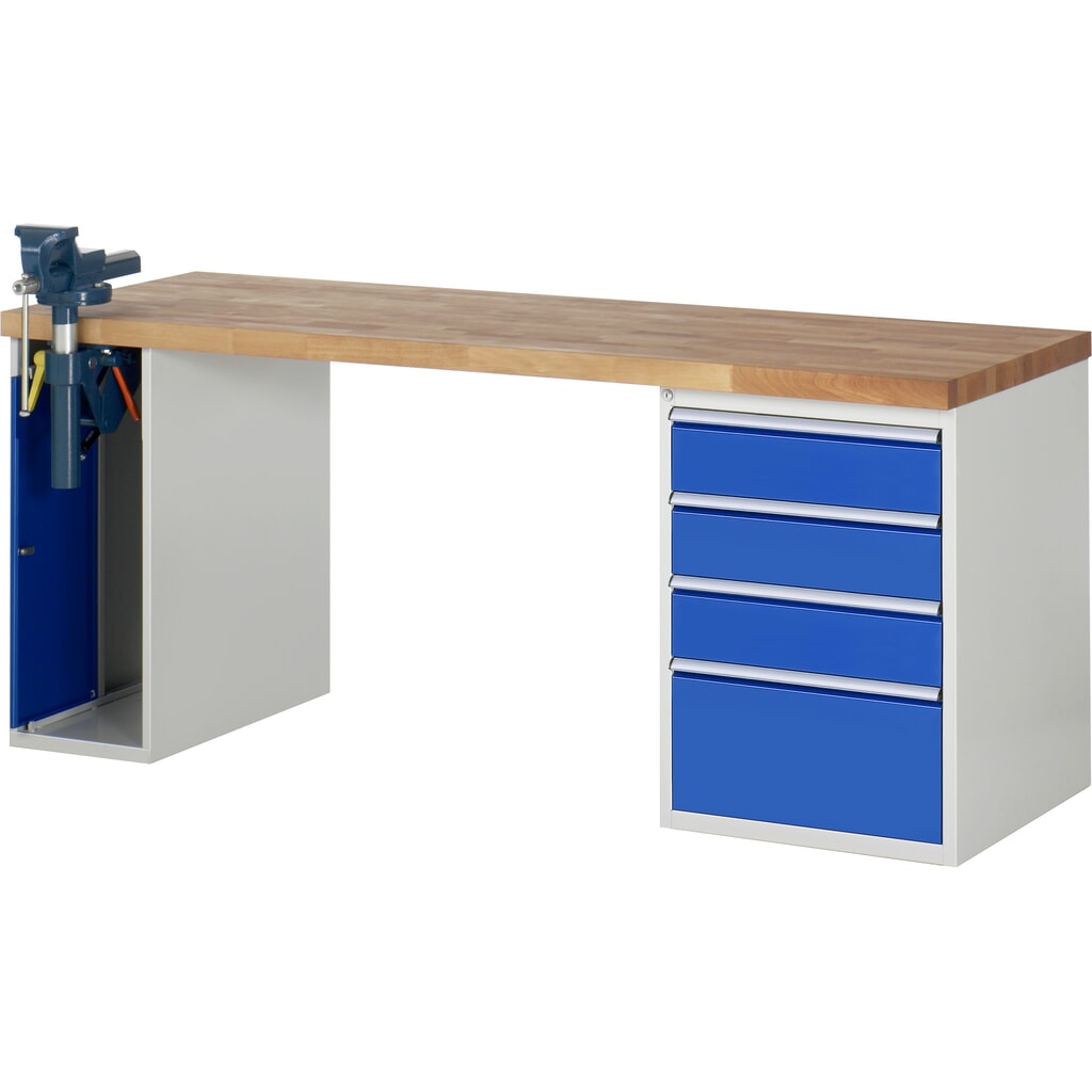 Illustration du produit: RAU Établi série 7000, HxlxP 890 x 2 000 x 700 mm, 1 caisson sous plateau, avec 4 tiroirs et un étau escamotable