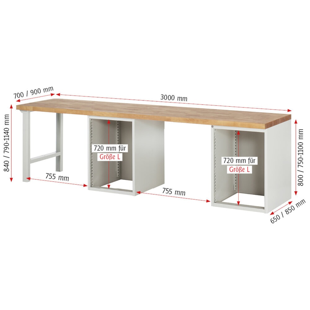 N° de l'image du produit 6 : RAU Établi série 7000, 2 conteneurs, HxlxP 890 x 3 000 x 700 mm, 16 tiroirs extractibles à 90 %