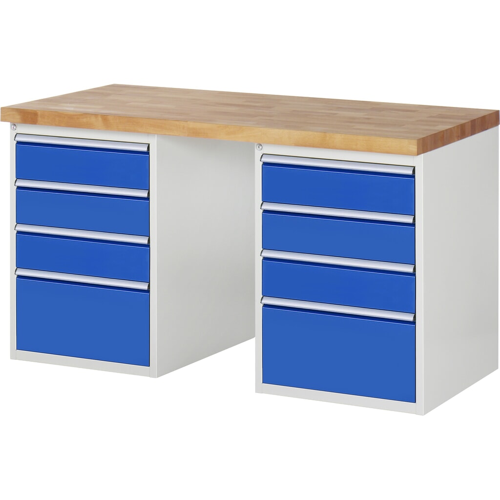 N° de l'image du produit 1 : RAU Établi série 7000, HxlxP 890 x 1 500 x 700 mm, 2 caissons sous plateau, avec 4 tiroirs chacun