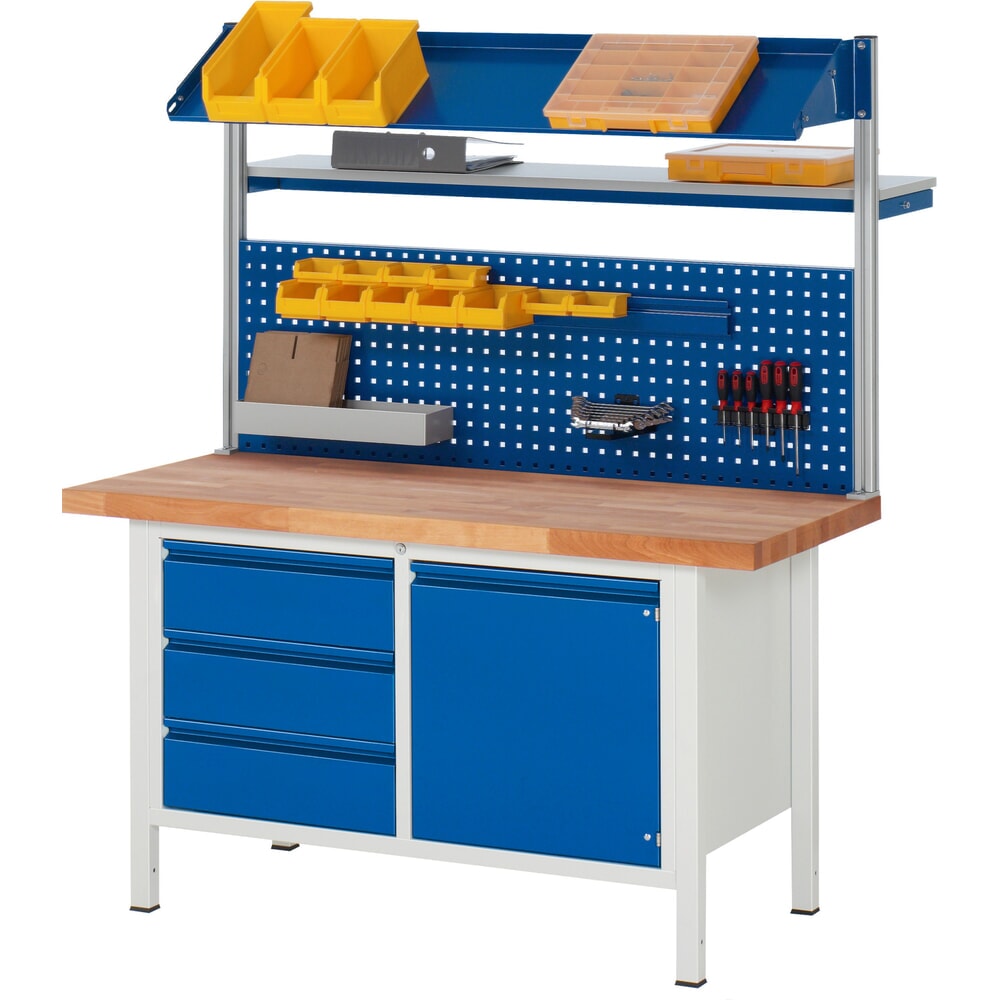 Illustration du produit: RAU Établi série 8000, 1 caisson double, 1 porte battante, 1 tablette, HxlxP 840 x 1 500 x 700 mm, 3 tiroirs