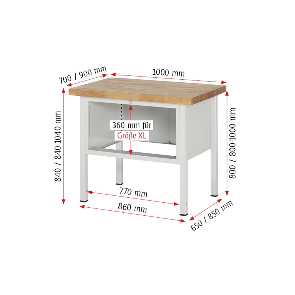 N° de l'image du produit 6 : RAU Établi série 8000, HxlxP 840 x 1 000 x 700 mm, 3 tiroirs extractibles à 100 % 3 x 120 mm, capacité de charge des tiroirs 75 kg