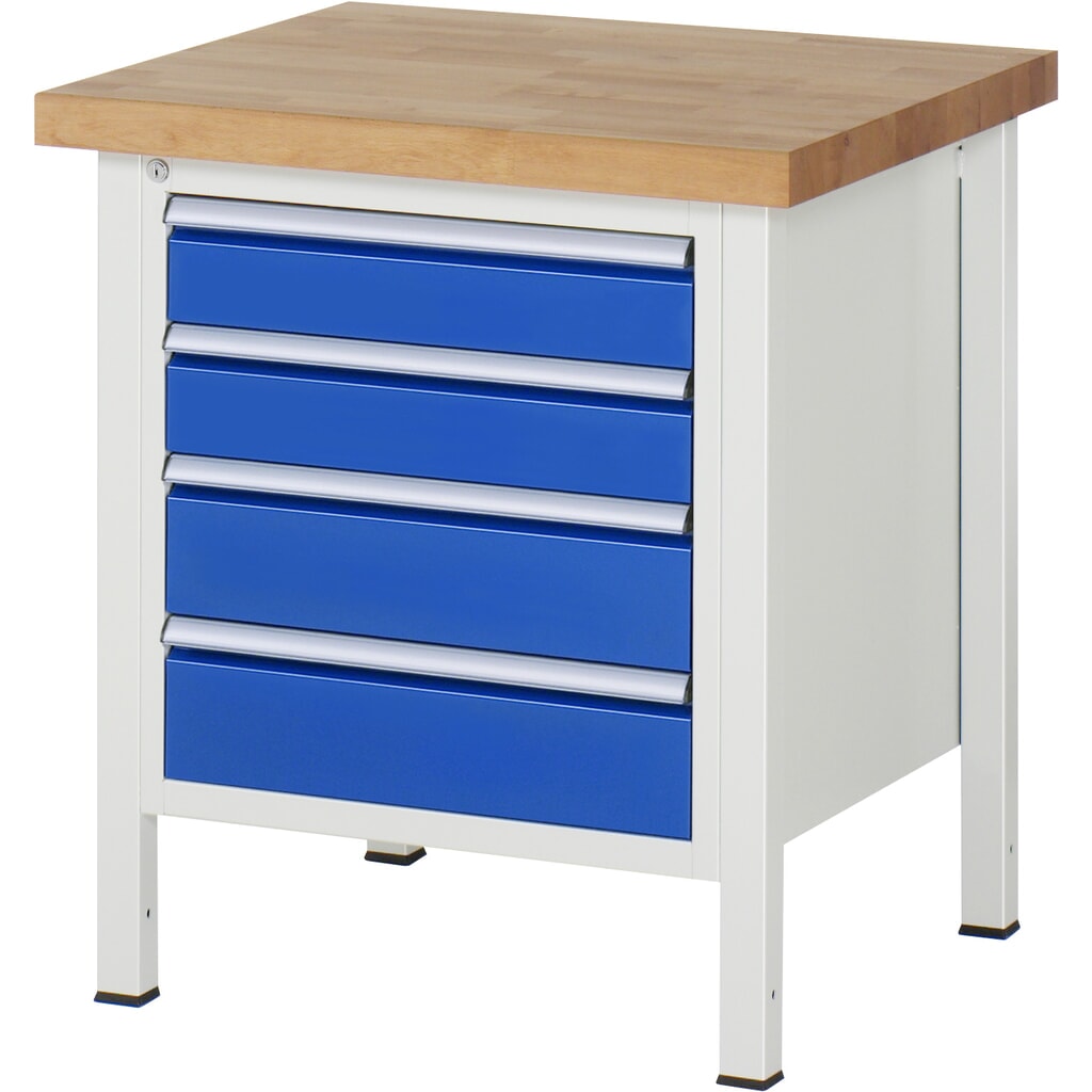 RAU Établi série 8000, HxlxP 840-1 040 x 750 x 700 mm, 1 caisson sous plateau à droite, avec 4 tiroirs Illustration du produit: RAU Établi série 8000, HxlxP 840-1 040 x 750 x 700 mm, 1 caisson sous plateau à droite, avec 4 tiroirs