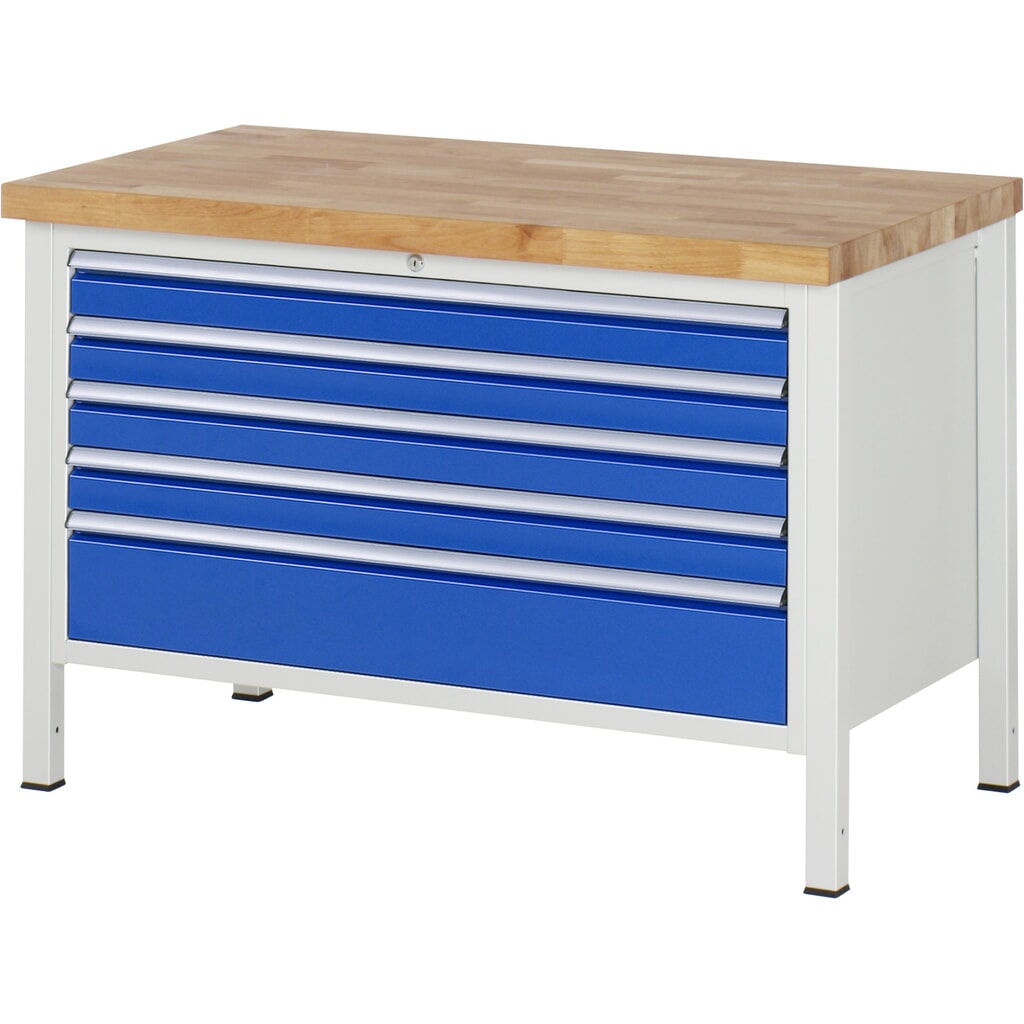 Illustration du produit: Établi RAU série 8000, HxlxP 840 x 1 250 x 700 mm, 5 tiroirs extractibles à 100 % 4 x 90, 1 x 180 mm, capacité de charge des tiroirs 50 kg