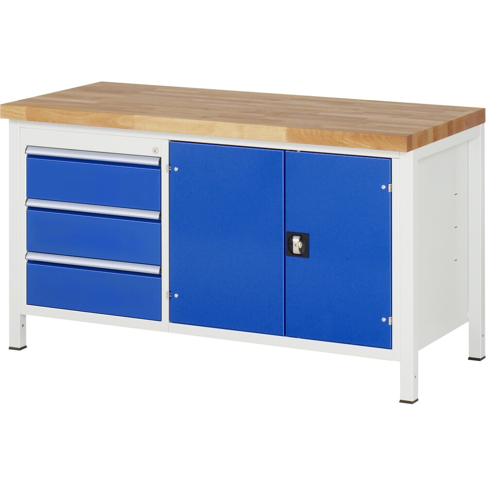 N° de l'image du produit 1 : RAU Établi Série 8000, 1 caisson double, 1 tablette, 1 porte battante double, HxlxP 840-1 040 x 1 500 x 700 mm, 3 tiroirs extractibles à 90 %