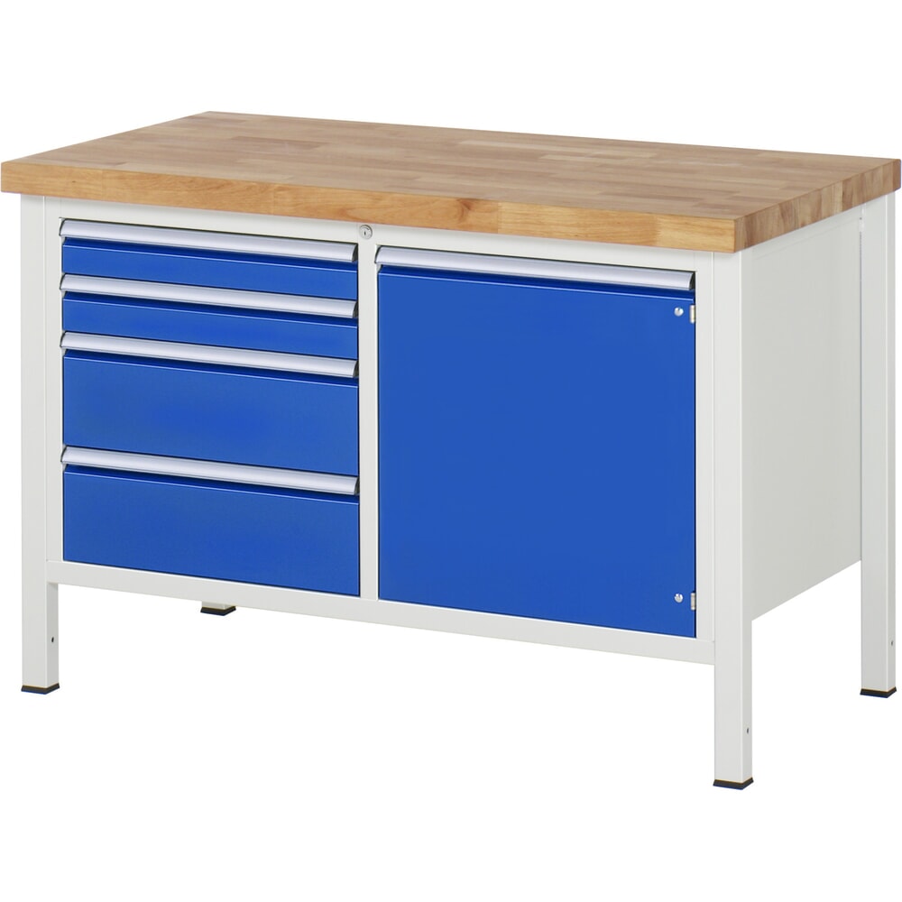 Illustration du produit: RAU Établi série 8000, 1 double caisson, 1 porte battante, HxlxP 840-1 040 x 1 250 x 700 mm, 4 tiroirs