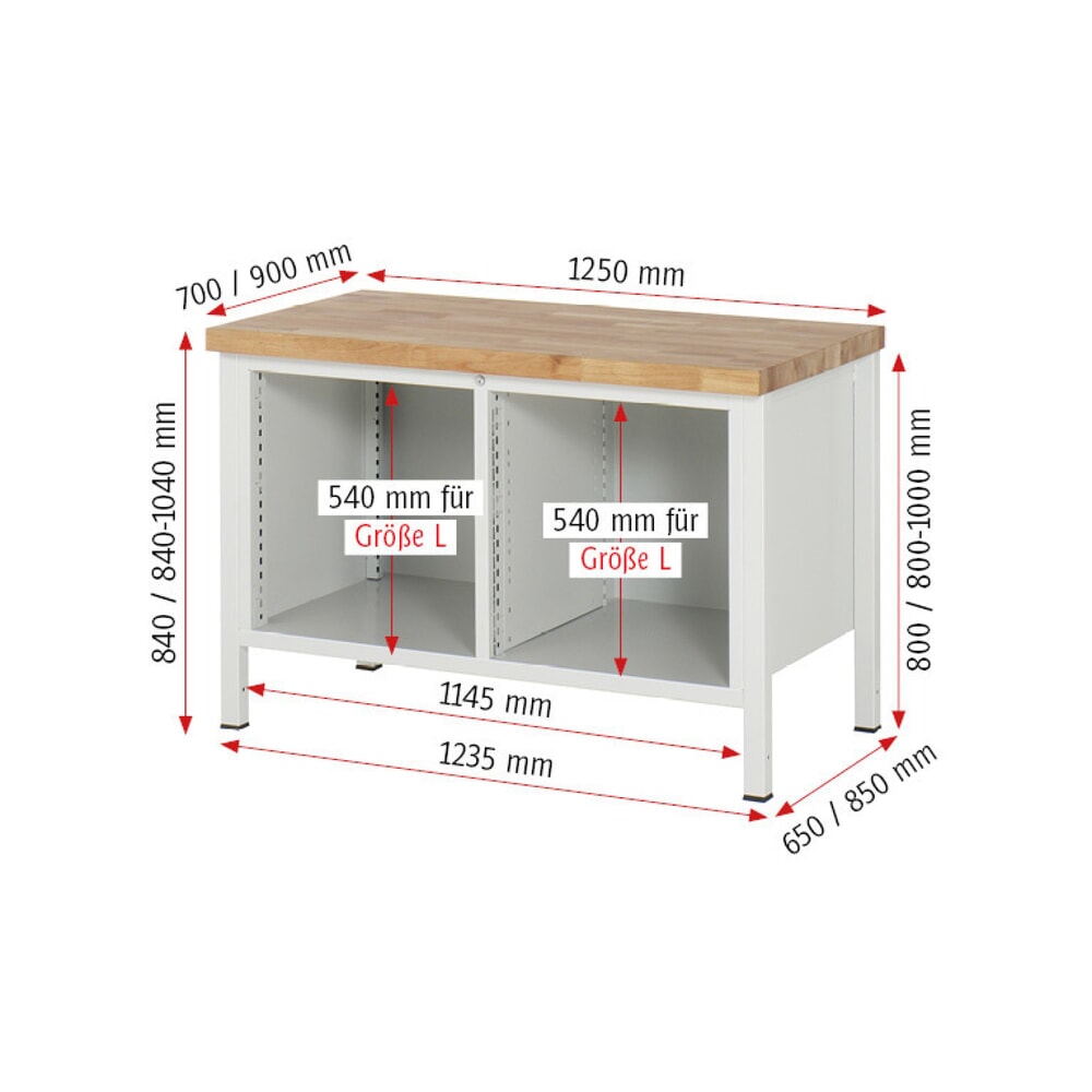 N° de l'image du produit 5 : RAU Établi série 8000, 1 double caisson, HxlxP 840 x 1 250 x 700 mm, 10 tiroirs extractibles à 90 %, capacité de charge des tiroirs 100 kg