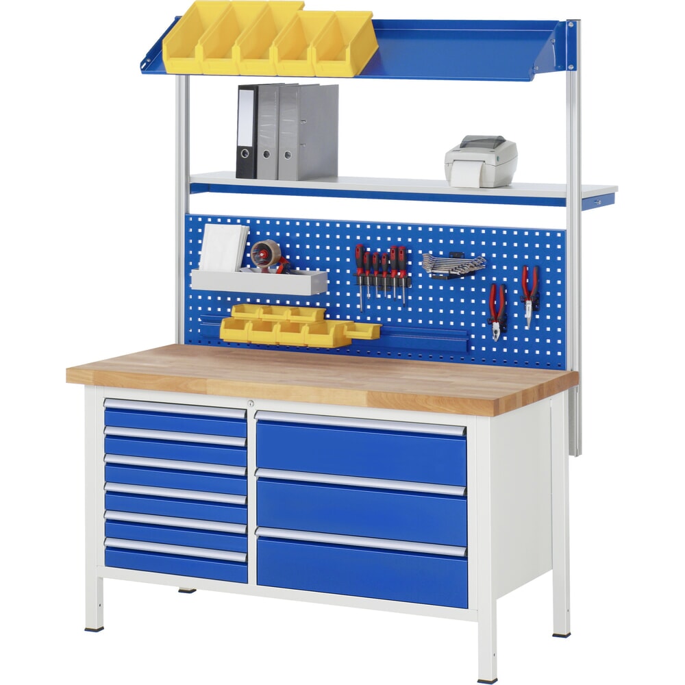 N° de l'image du produit 8 : RAU Établi série 8000, 1 double caisson, 1 tablette, 1 porte battante, HxlxP 840-1 040 x 1 500 x 700 mm, 2 tiroirs extractibles à 90 % 1 x 180, 1 x 360 mm