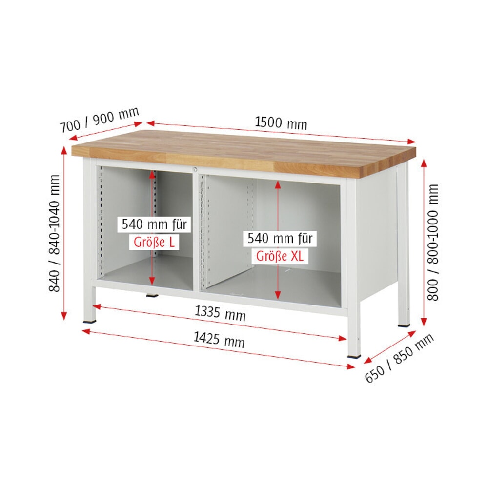 N° de l'image du produit 9 : RAU Établi série 8000, 1 double caisson, 1 tablette, 1 porte battante, HxlxP 840-1 040 x 1 500 x 700 mm, 2 tiroirs extractibles à 90 % 1 x 180, 1 x 360 mm