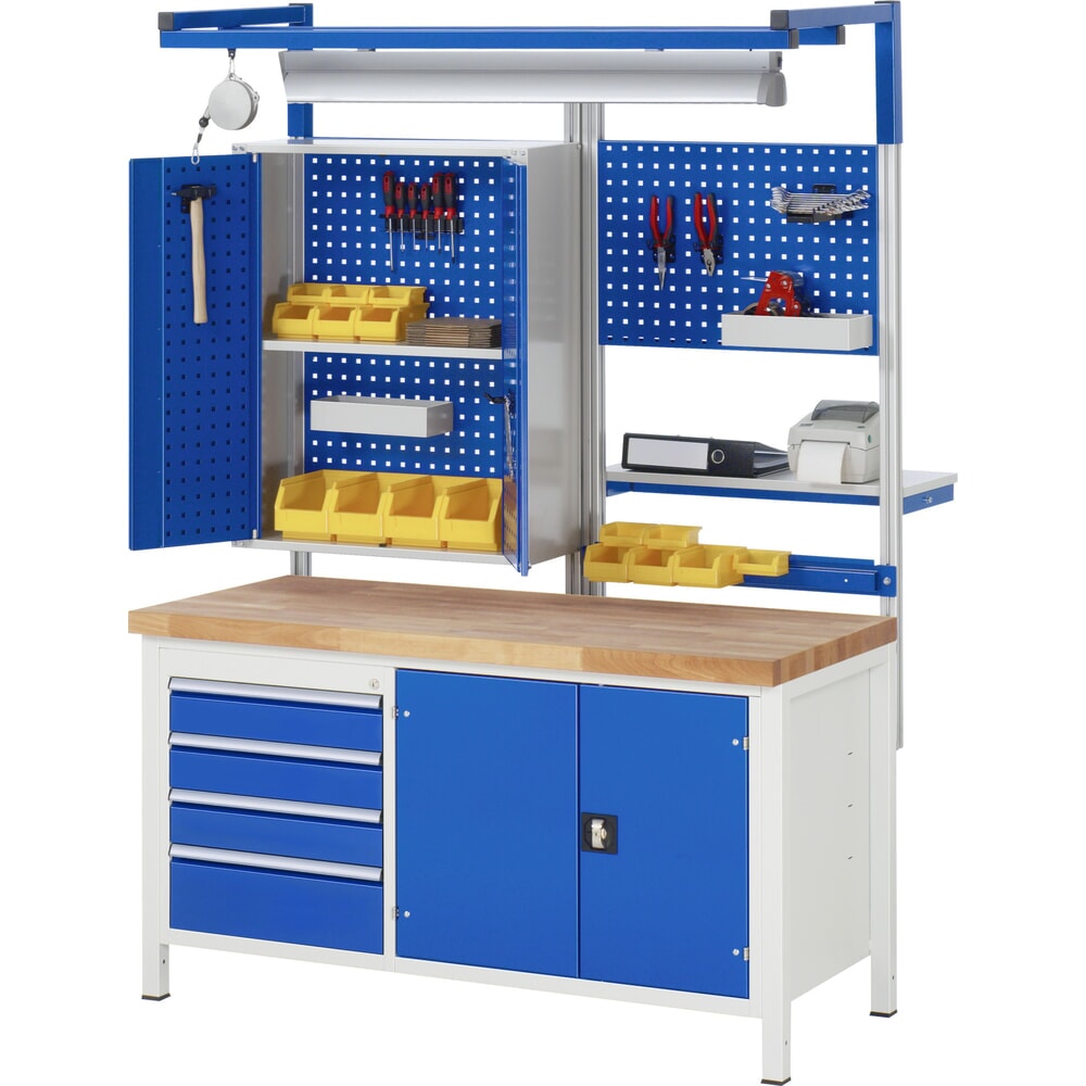 N° de l'image du produit 7 : RAU Établi Série 8000, 1 caisson double, 1 tablette, 1 porte battante double, HxlxP 840-1 040 x 1 500 x 700 mm, 3 tiroirs extractibles à 90 %