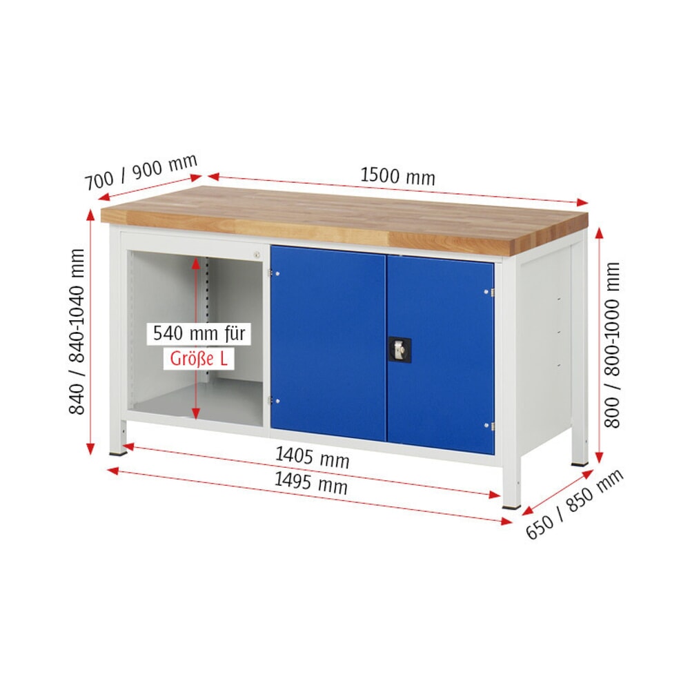 N° de l'image du produit 8 : RAU Établi Série 8000, 1 caisson double, 1 tablette, 1 porte battante double, HxlxP 840-1 040 x 1 500 x 700 mm, 3 tiroirs extractibles à 90 %