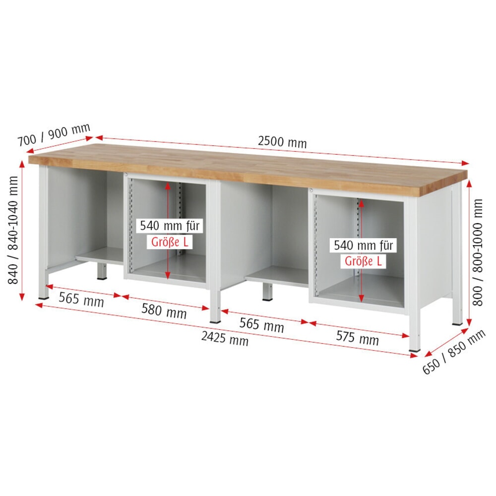 N° de l'image du produit 7 : RAU Établi série 8000, 2 caissons, HxlxP 840-1 040 x 2 500 x 700 mm, 4 tiroirs extractibles à 90 %