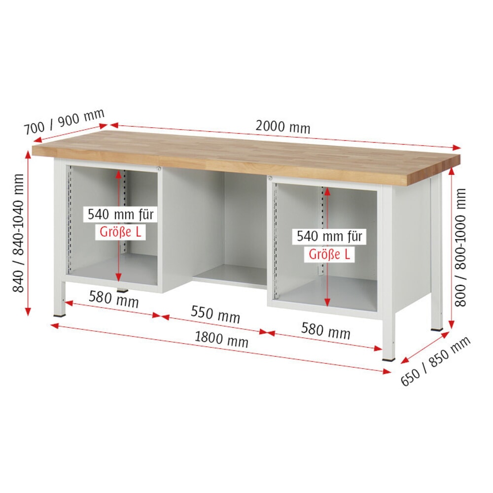 N° de l'image du produit 10 : RAU Établi série 8000, 2 caissons, 1 porte battante, HxlxP 840-1 040 x 2 000 x 700 mm, 4 tiroirs extractibles à 90 %