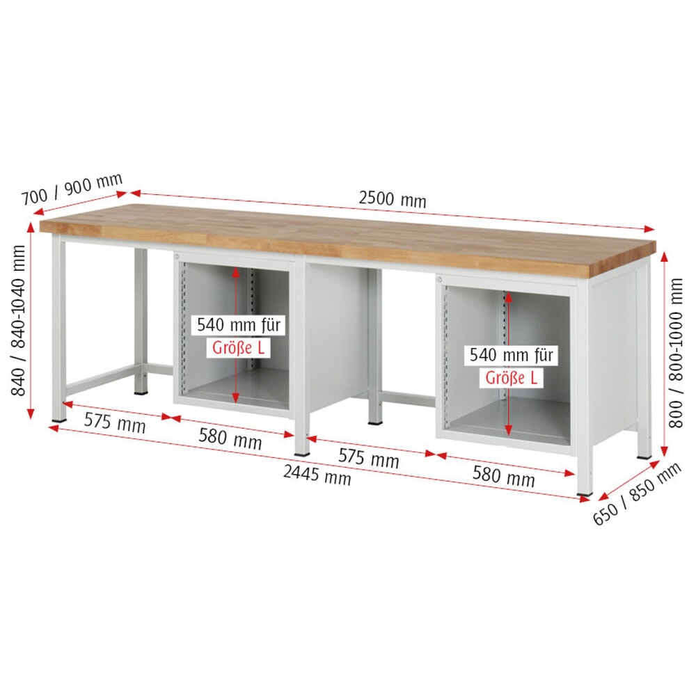N° de l'image du produit 7 : RAU Établi série 8000, 2 caissons, HxlxP 840-1 040 x 2 500 x 700 mm, 4 tiroirs extractibles à 90 %