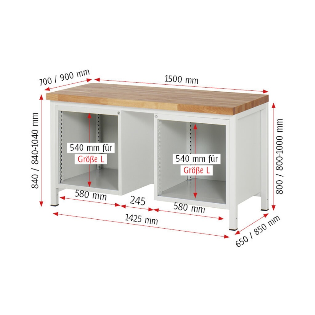 N° de l'image du produit 7 : RAU Établi série 8000, 2 caissons, HxlxP 840-1 040 x 1 500 x 700 mm, 10 tiroirs extractibles à 90 % 4 x 60, 2 x 120, 4 x 150 mm