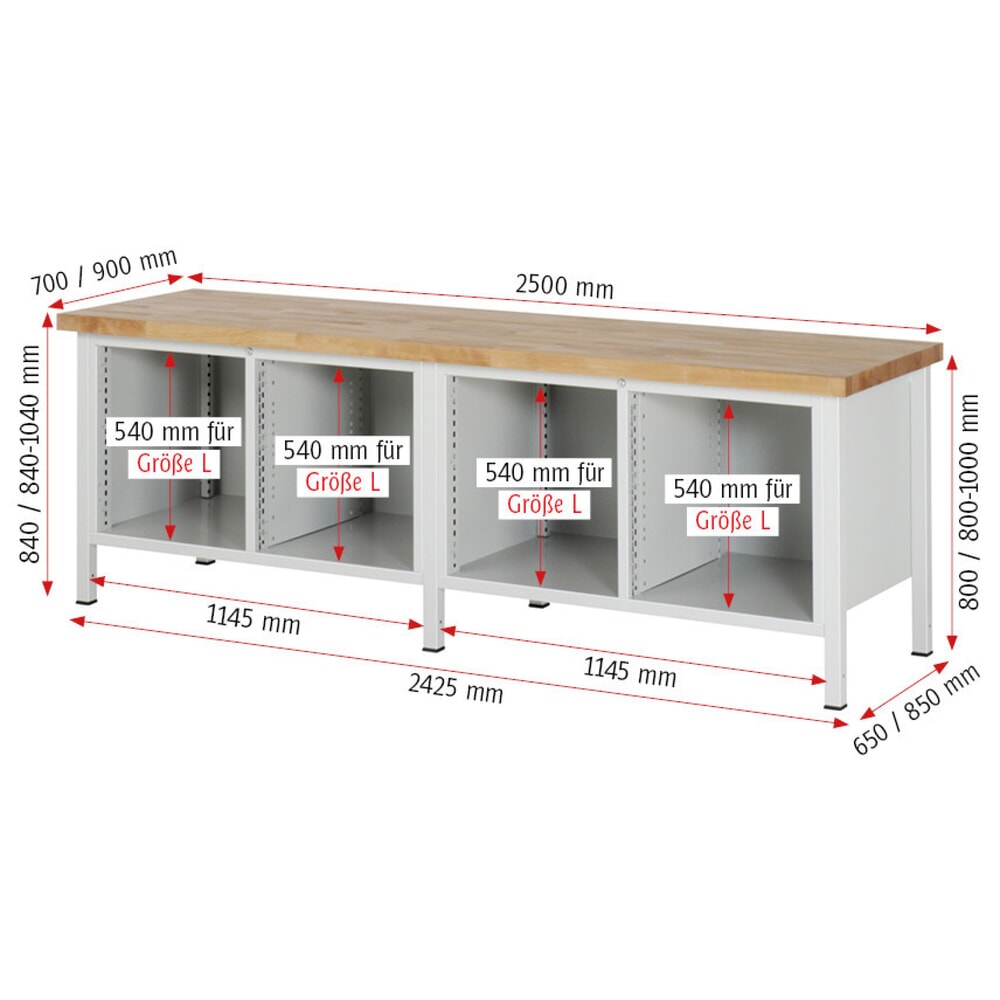 N° de l'image du produit 7 : RAU Établi série 8000, 2 doubles caissons, HxlxP 840-1 040 x 2.500 x 700 mm, 6 tiroirs, 1 tablette profondeur 350 mm