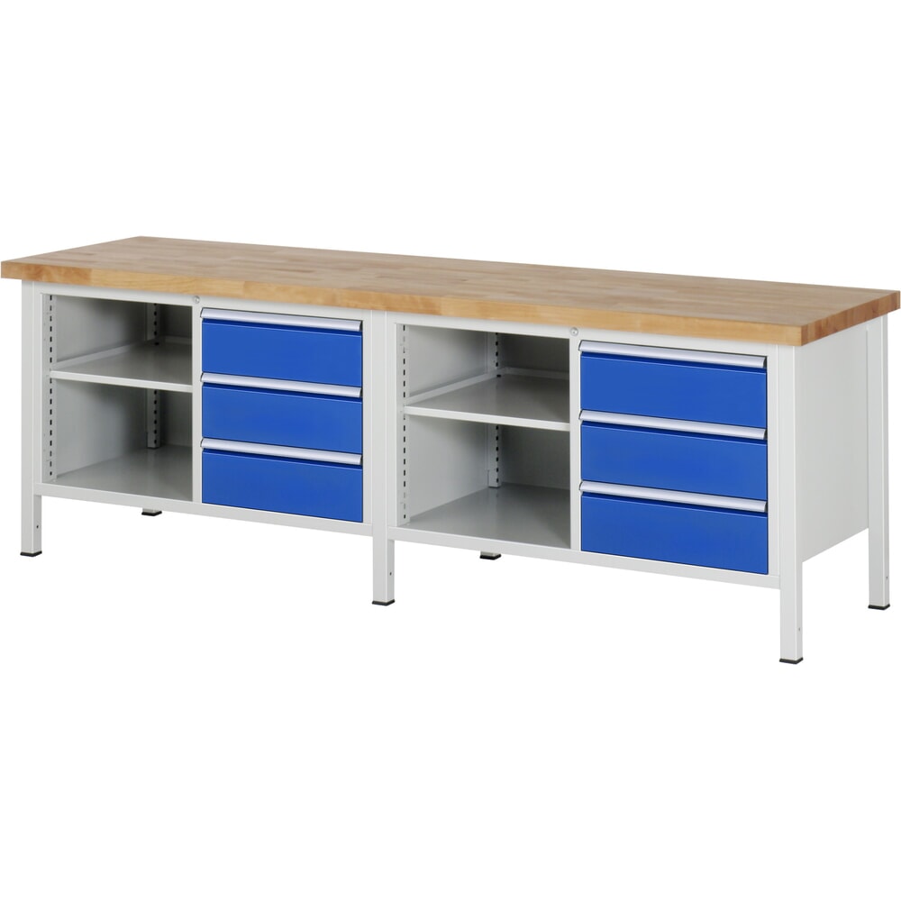 N° de l'image du produit 1 : RAU Établi série 8000, 2 doubles caissons, HxlxP 840-1 040 x 2.500 x 700 mm, 6 tiroirs, 1 tablette profondeur 350 mm