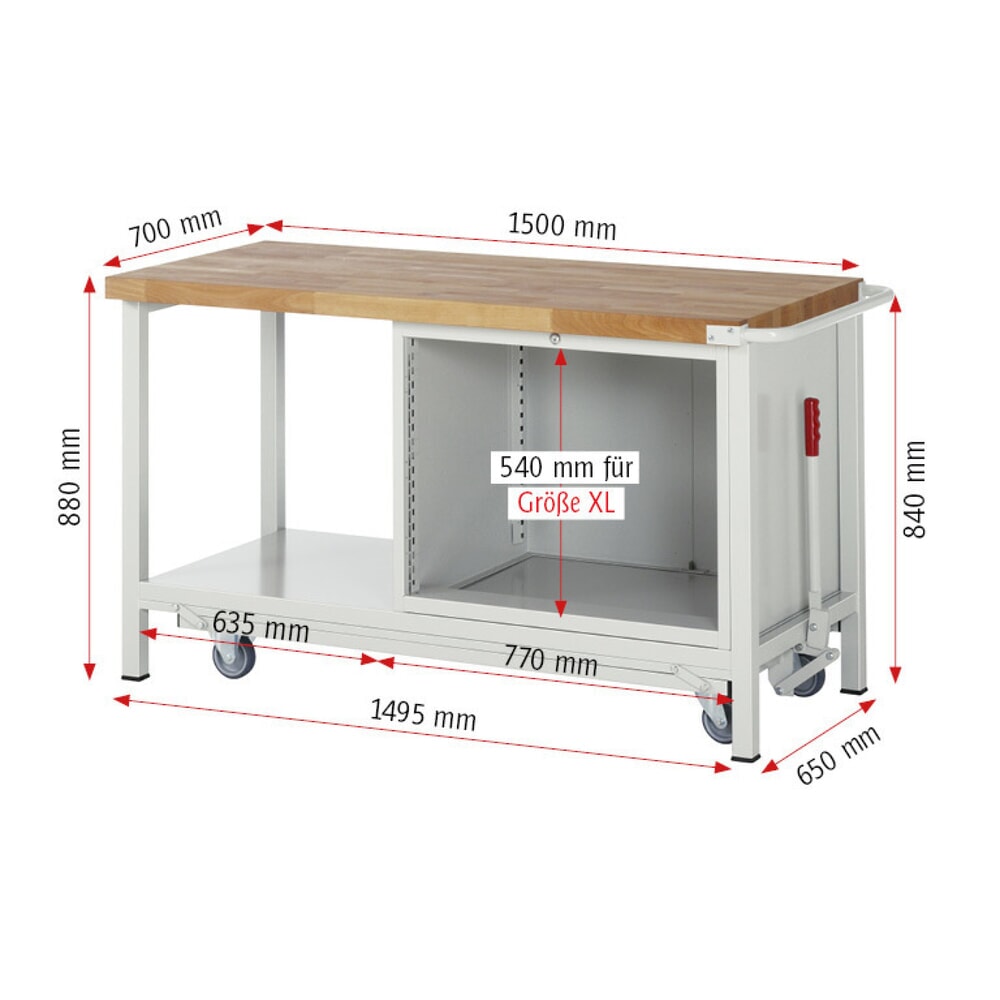 N° de l'image du produit 8 : RAU Établi série 8000 avec rouleur abaissable, 1 caisson, 1 tablette, HxlxP 880 x 1 500 x 700 mm, 2 tiroirs extractibles à 90%