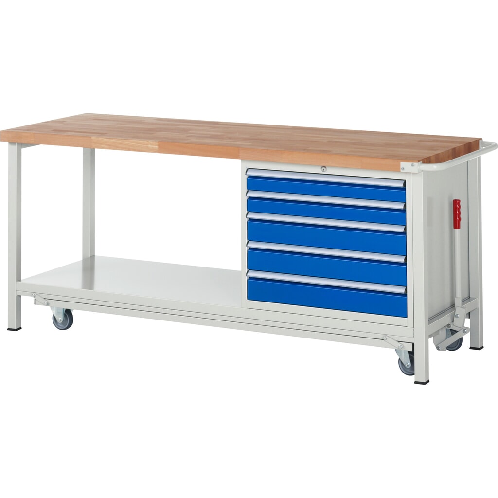 N° de l'image du produit 1 : RAU Établi série 8000 avec rouleur abaissable, 1 caisson, 1 tablette, HxlxP 880 x 2 000 x 700 mm, 5 tiroirs extractibles à 100%, capacité de charge des tiroirs 75 kg