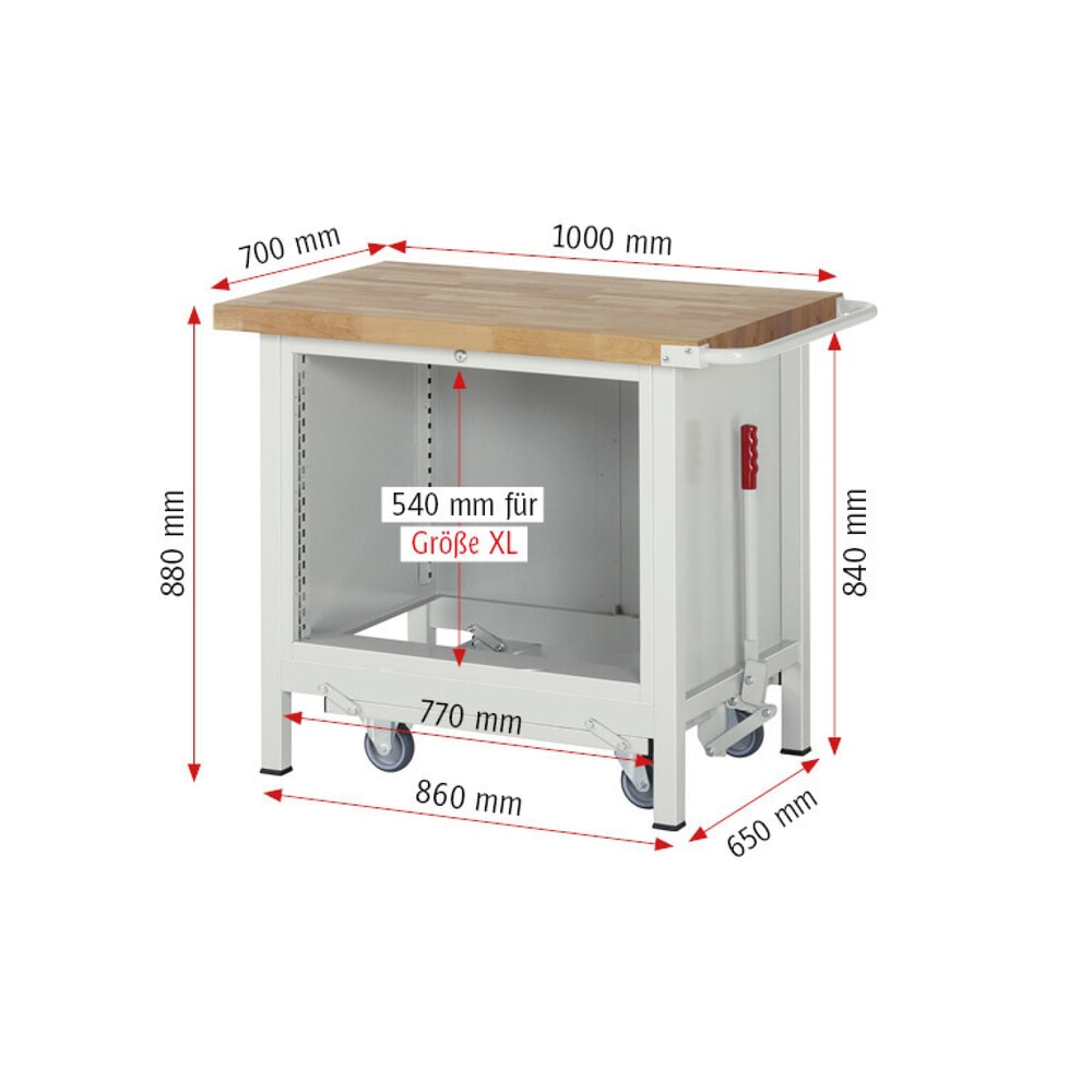 N° de l'image du produit 9 : RAU Établi série 8000 avec rouleur abaissable, 1 caisson, HxlxP 880 x 1 000 x 700 mm, 5 tiroirs extractibles à 90%, capacité de charge des tiroirs 75 kg