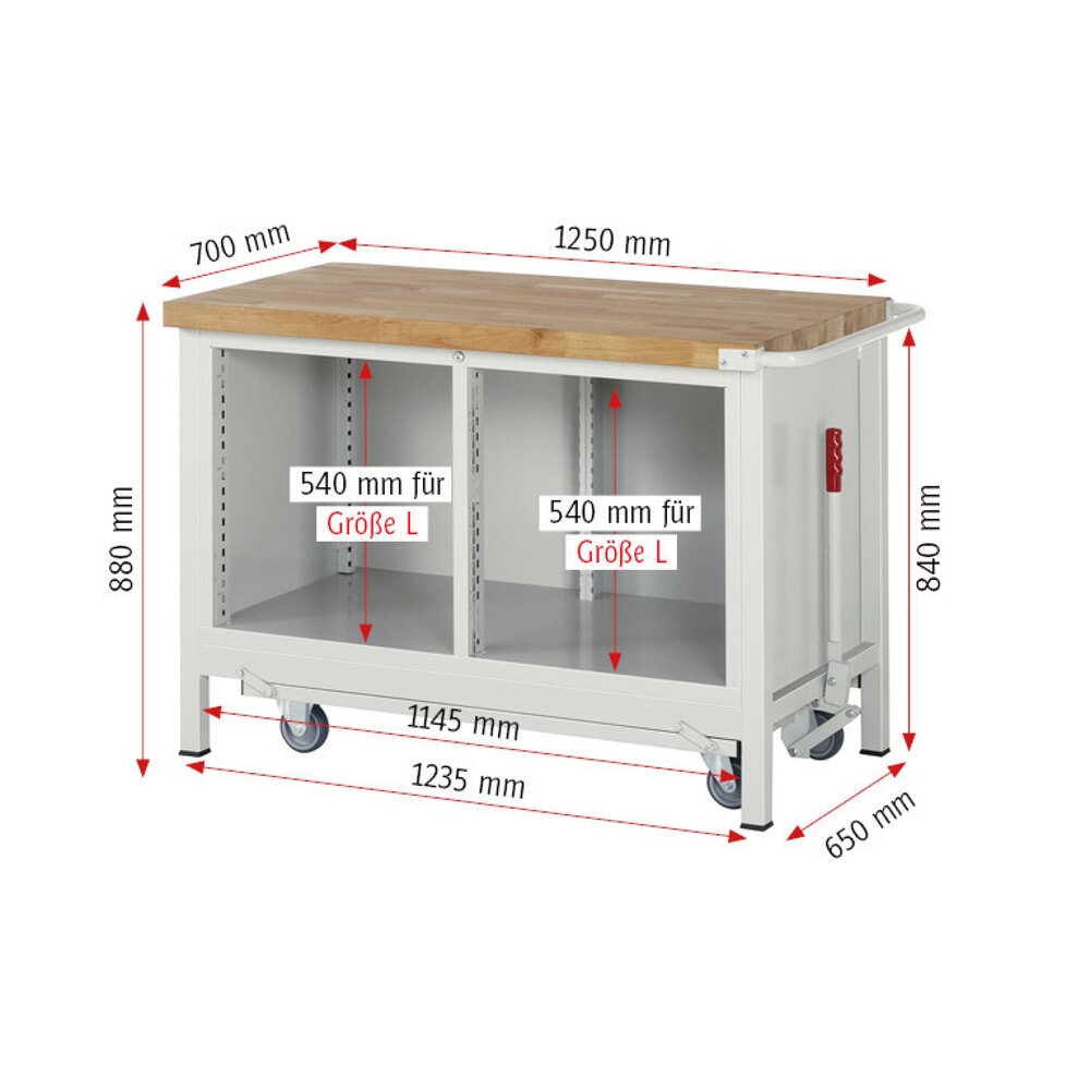 N° de l'image du produit 10 : RAU Établi série 8000 avec rouleur abaissable, 1 caisson double, HxlxP 880 x 1 250 x 700 mm, 2 tiroirs 2 x 180 mm, 1 porte battante